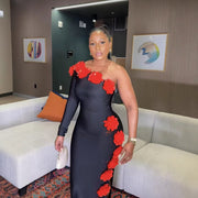 Style One-Shoulder Long Sleeve Sexy Bandage Dress Red Floral