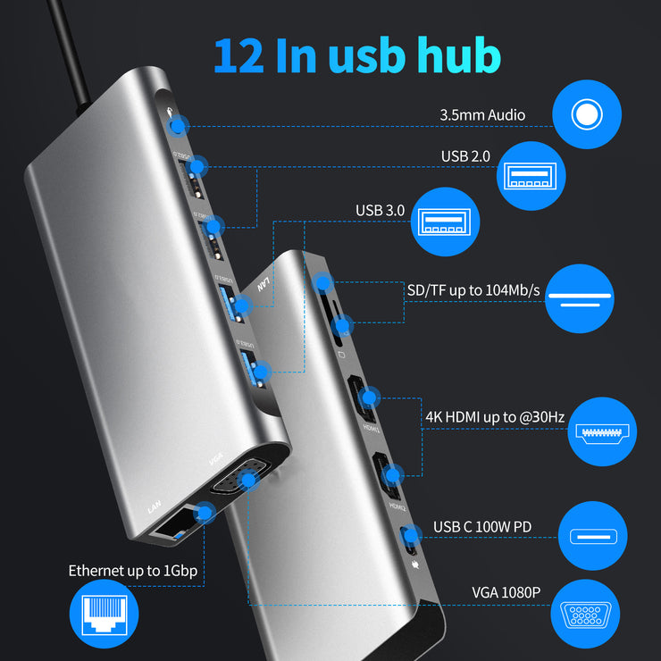 Type-C to Dual HDMI VGA Same Screen Dock 12 in 1