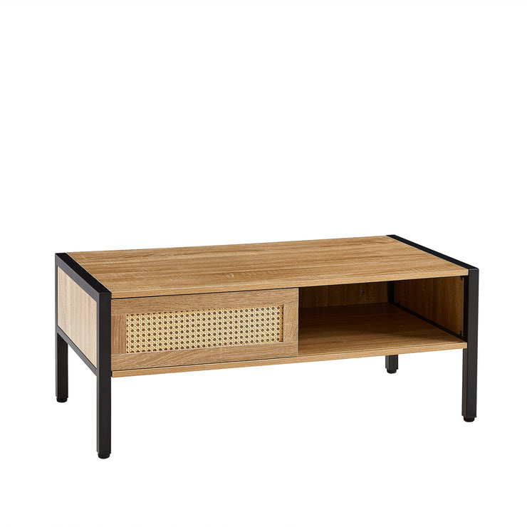 40.16" Rattan Coffee table, sliding door for storage, metal legs,