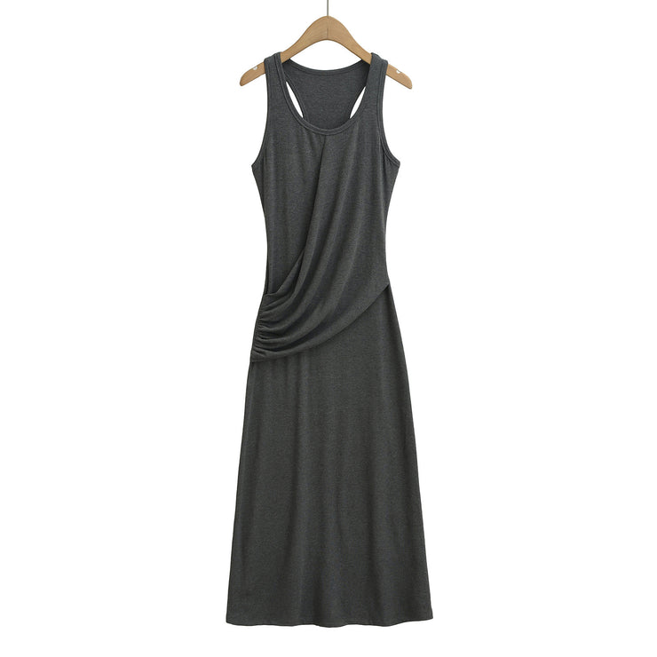 Wrinkled waist to show figure, U-neck sleeveless vest dress, dress