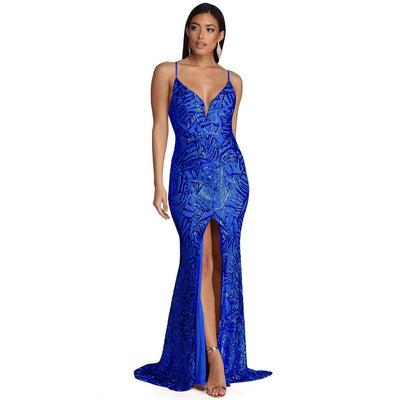 Geometric Sequined Strapless Evening Gown