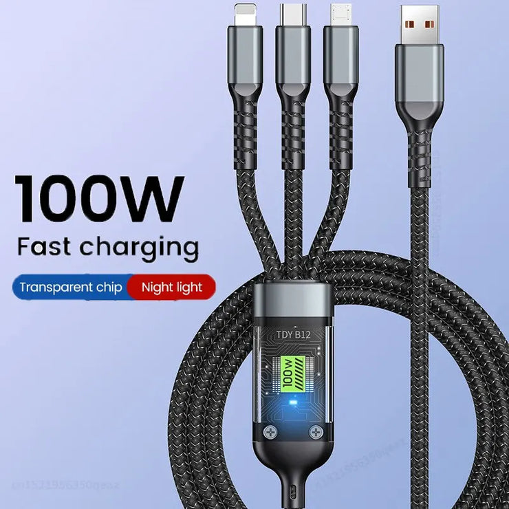 3 In 1 Usb 100w Cable For Fast Charging And Data Mini Usb