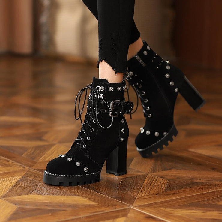 Genuine Leather Spring and Autumn Women's Shoes Round Head Thick Heel High Heel Frosted Lace up High Heel Large Shoes