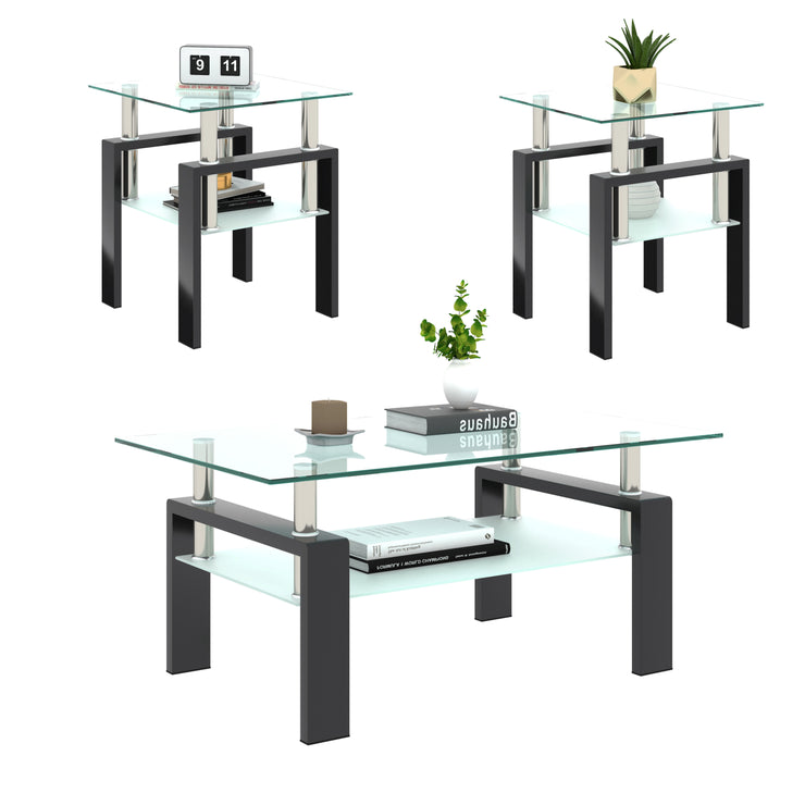 Set of 2, Modern Tempered Glass Tea Table Coffee Table End Table,