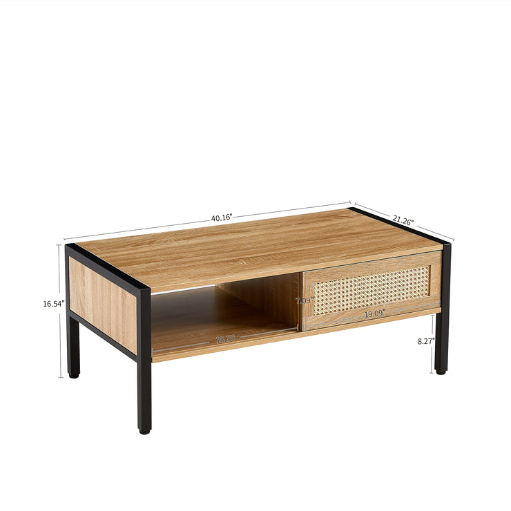 40.16" Rattan Coffee table, sliding door for storage, metal legs,