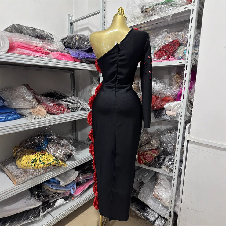 Style One-Shoulder Long Sleeve Sexy Bandage Dress Red Floral