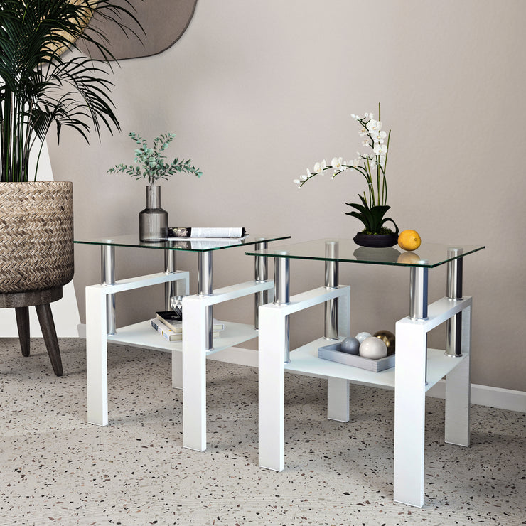 Set of 2, Modern Tempered Glass Tea Table Coffee Table End Table, Square