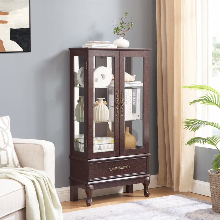 Curio cabinet lighting glass cabinet with adjustable glass frame, 2 doors and 1 drawer