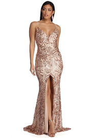 Geometric Sequined Strapless Evening Gown