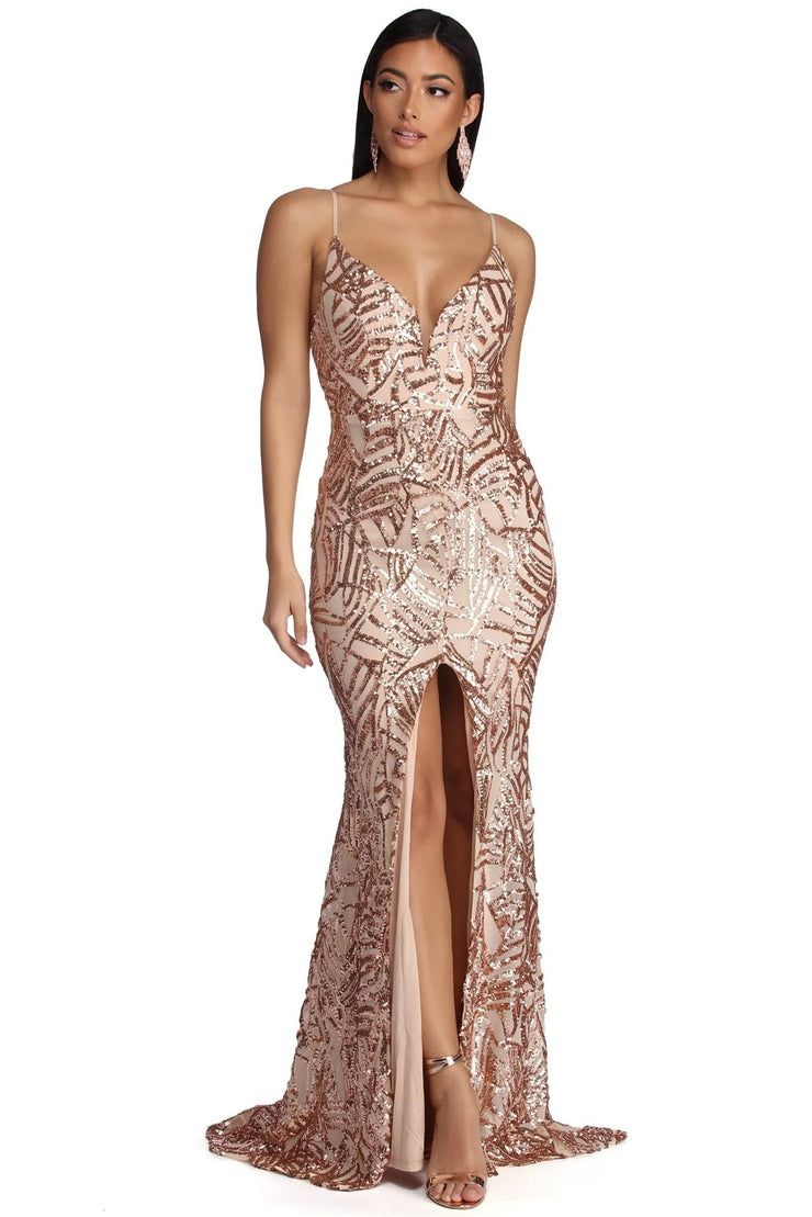 Geometric Sequined Strapless Evening Gown