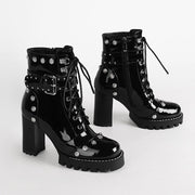 Genuine Leather Spring and Autumn Women's Shoes Round Head Thick Heel High Heel Frosted Lace up High Heel Large Shoes