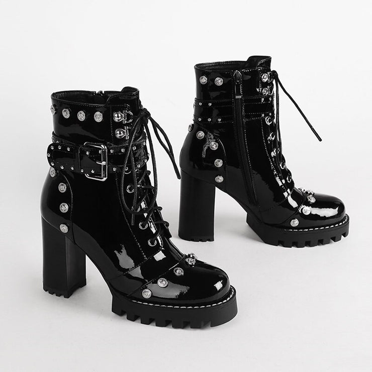 Genuine Leather Spring and Autumn Women's Shoes Round Head Thick Heel High Heel Frosted Lace up High Heel Large Shoes