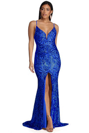 Geometric Sequined Strapless Evening Gown