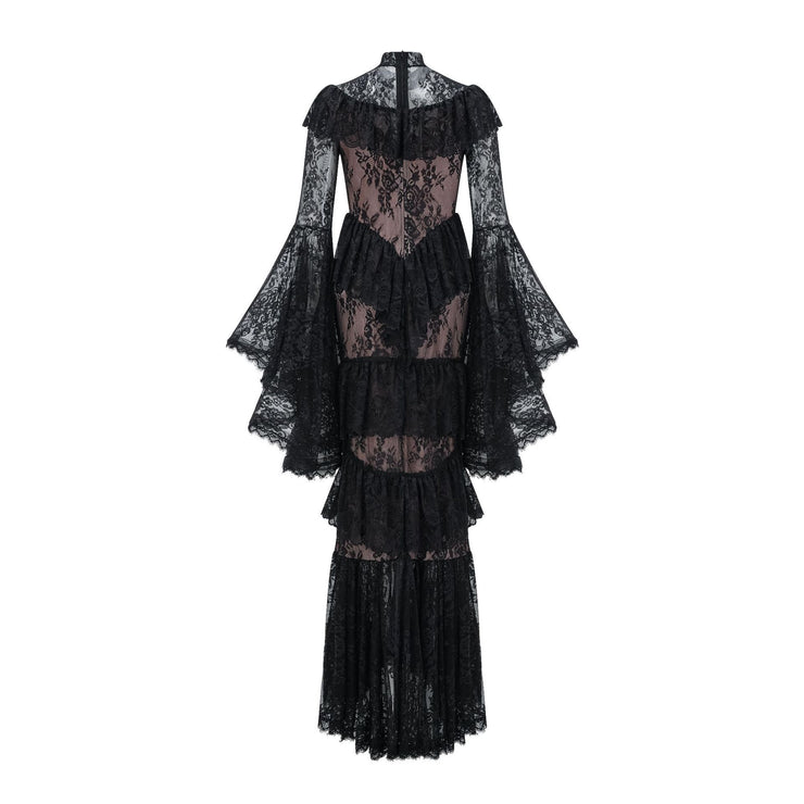 Elegant Lace Embroidery Splicing Flare Sleeve Long Dress