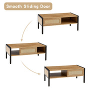 40.16" Rattan Coffee table, sliding door for storage, metal legs,