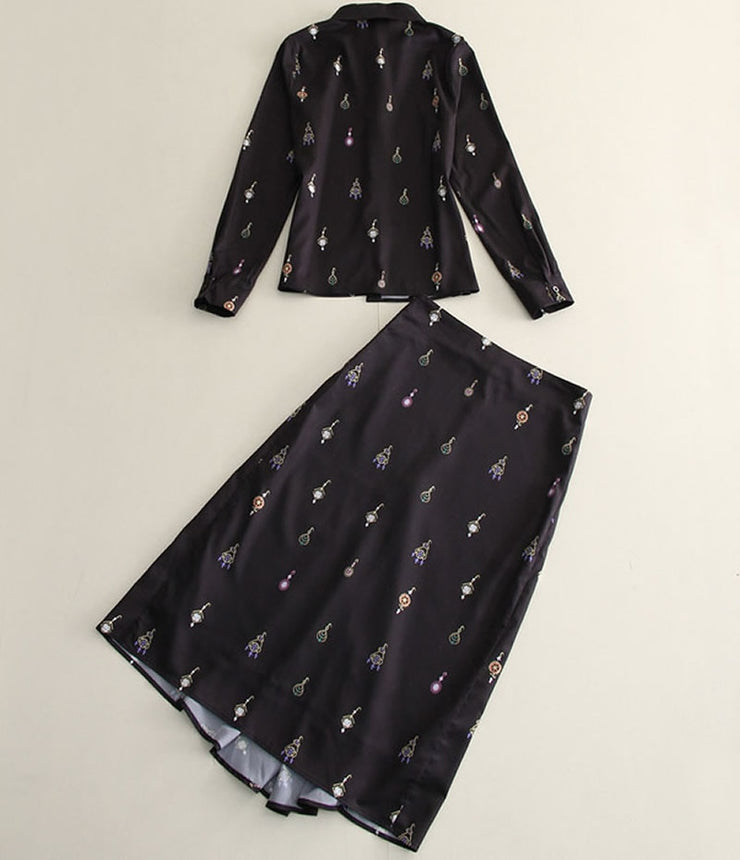 Hot Sale Victoria Beckham Women Print Long Sleeve Shirt And Skirt Set