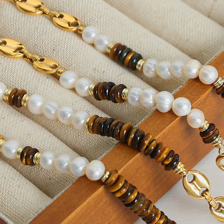 Versatile Light Luxury Titanium Steel Freshwater Pearl Tiger Eye Stone