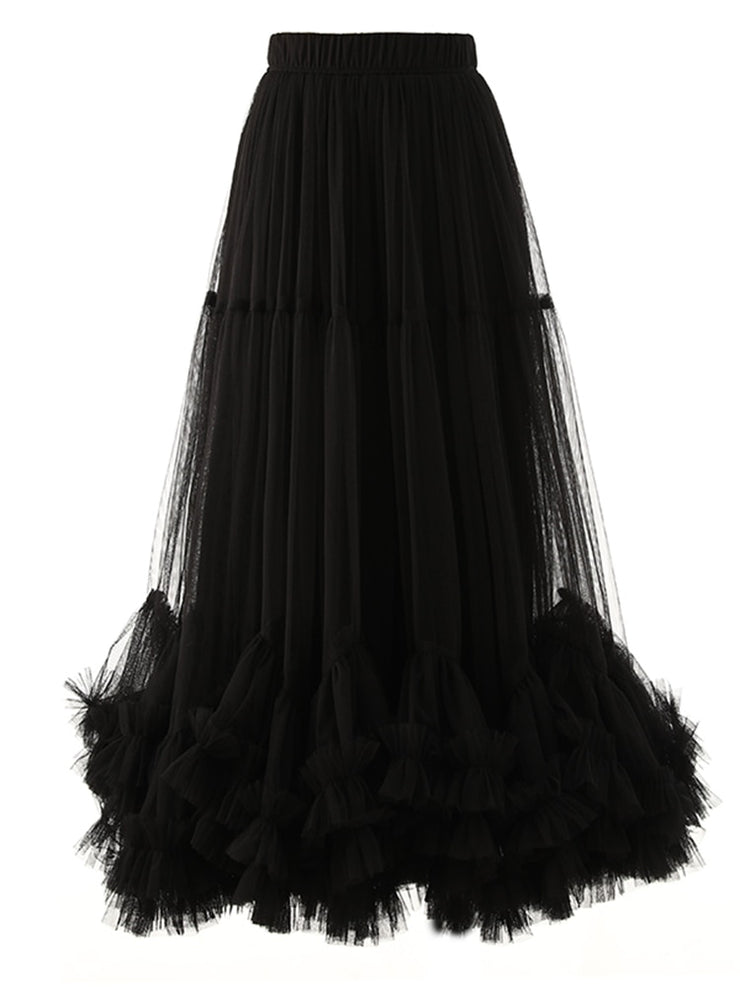 Folds Mesh Skirts For Women High Waist