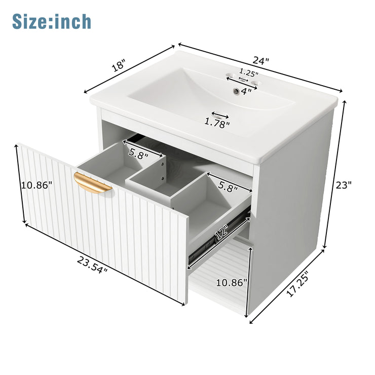 Modern 24-Inch Wall-Mounted Bathroom vanity with 2 Drawers,