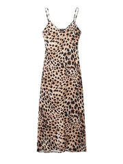 Silk Satin Leopard Printed Suspender Dresses Sexy Slim-Fit Evening Gown
