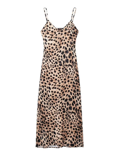 Silk Satin Leopard Printed Suspender Dresses Sexy Slim-Fit Evening Gown
