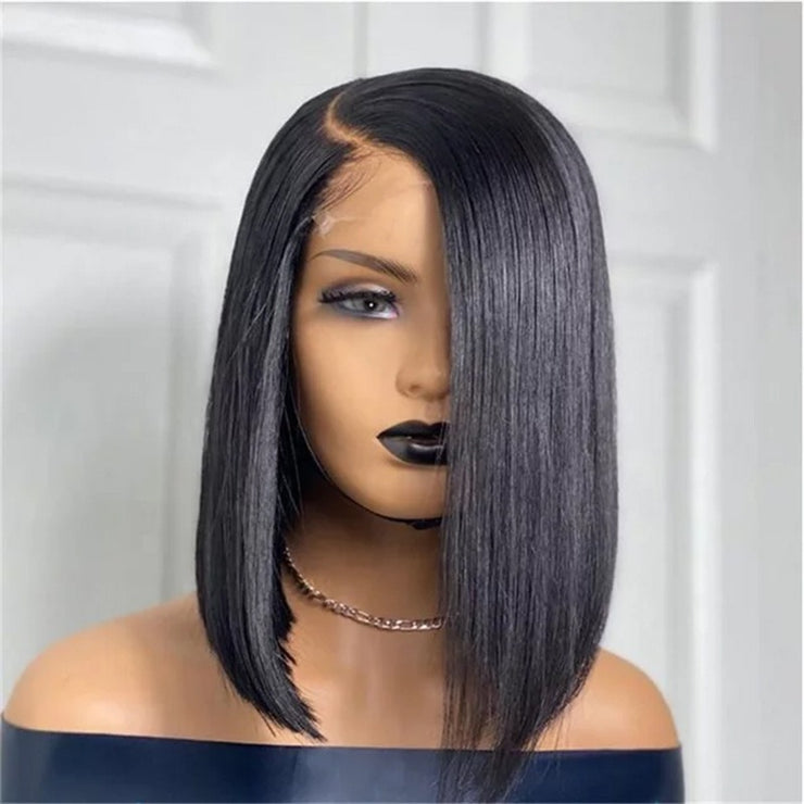 Female oriented front lace wig black short straight hair