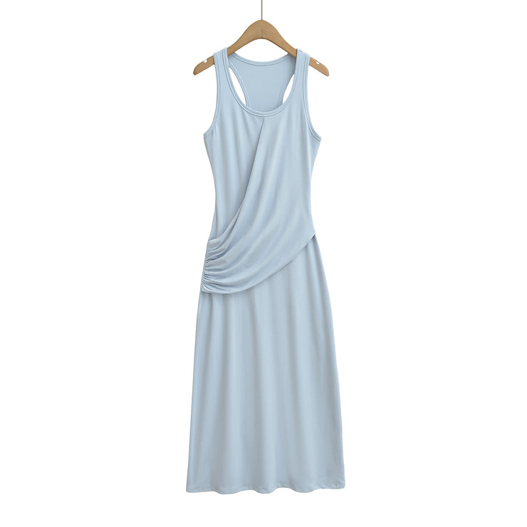 Wrinkled waist to show figure, U-neck sleeveless vest dress, dress