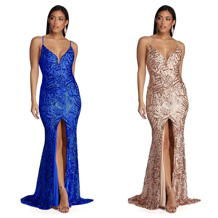 Geometric Sequined Strapless Evening Gown