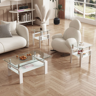Set of 2, Modern Tempered Glass Tea Table Coffee Table End Table, Square