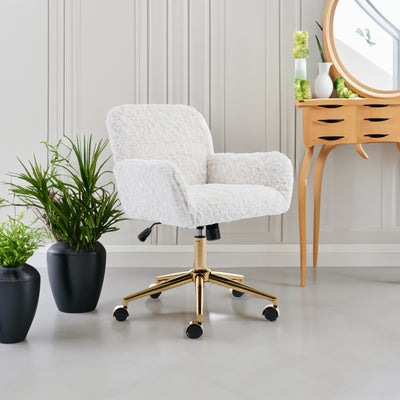 Artificial rabbit hair gold metal base home office chair adjustable