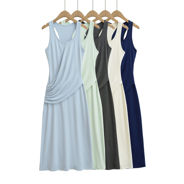 Wrinkled waist to show figure, U-neck sleeveless vest dress, dress