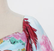 Hit Color Print Dress For Women V Neck Puff Short Sleeve High Waist Casual Mini Ball Gown Female