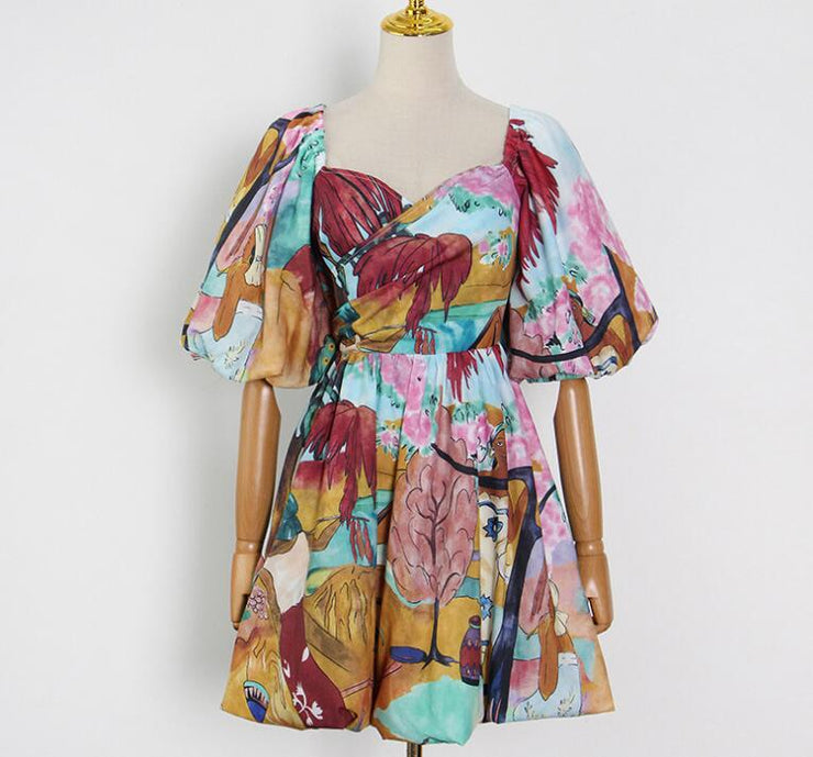 Hit Color Print Dress For Women V Neck Puff Short Sleeve High Waist Casual Mini Ball Gown Female