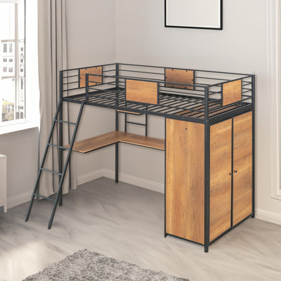 Twin Size Loft bed with L-shape Desk and Wardrobe