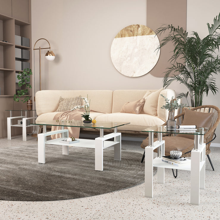 Set of 2, Modern Tempered Glass Tea Table Coffee Table End Table, Square