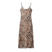 Silk Satin Leopard Printed Suspender Dresses Sexy Slim-Fit Evening Gown