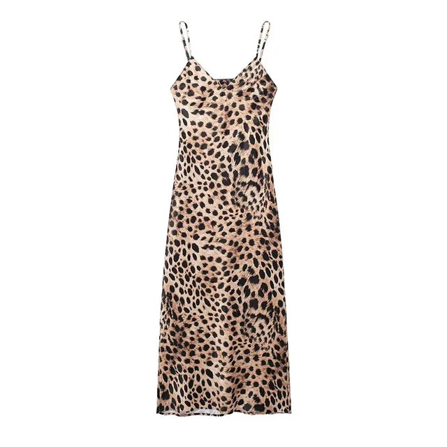 Silk Satin Leopard Printed Suspender Dresses Sexy Slim-Fit Evening Gown