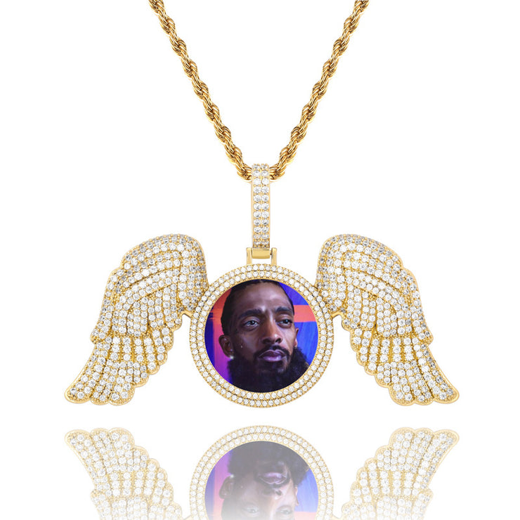 Angel Wings Large DIY Photo Frame Pendant Full Zircon Jewelry