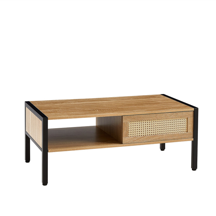 40.16" Rattan Coffee table, sliding door for storage, metal legs,