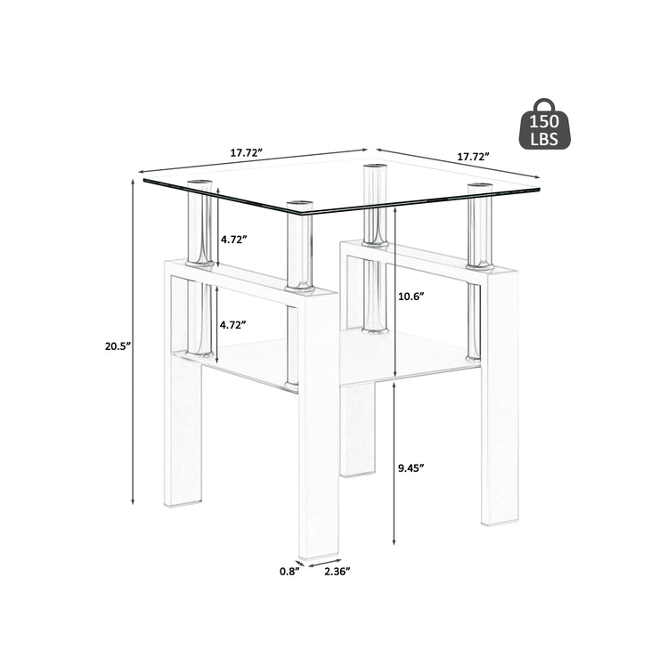 Set of 2, Modern Tempered Glass Tea Table Coffee Table End Table, Square