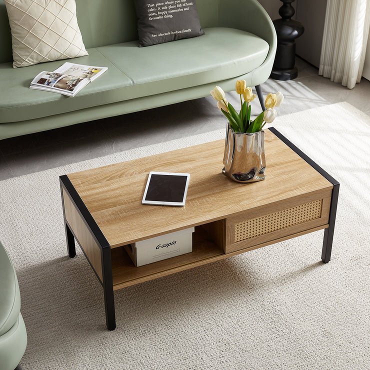 40.16" Rattan Coffee table, sliding door for storage, metal legs,