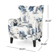 Modern retro printed fabric cushioned club chair, white and blue patterned armchair