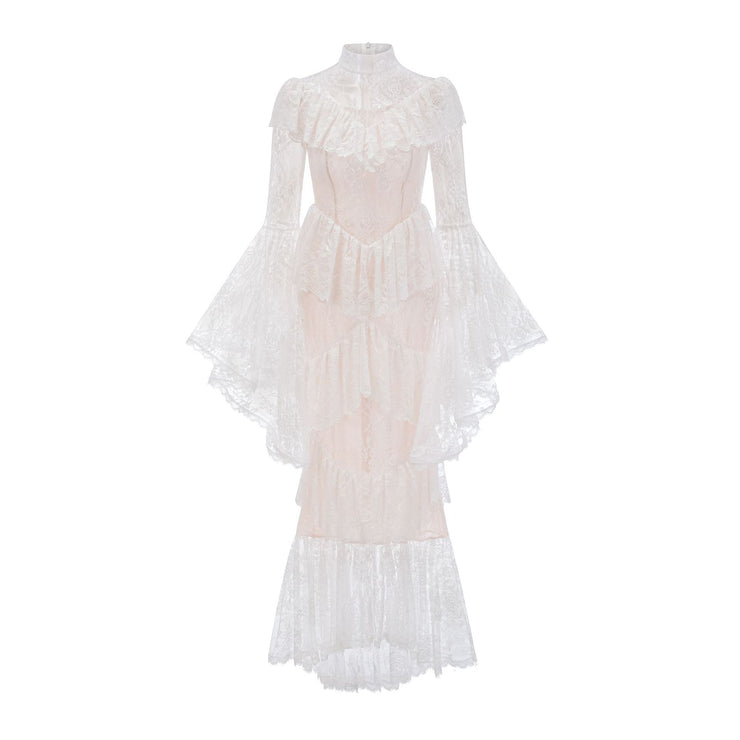 Elegant Lace Embroidery Splicing Flare Sleeve Long Dress