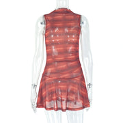 Women's Mid-Waist Pleated Short Skirt Plaid Print Dress