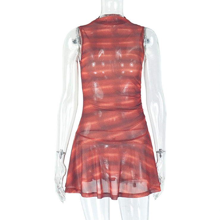 Women's Mid-Waist Pleated Short Skirt Plaid Print Dress