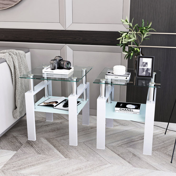 Set of 2, Modern Tempered Glass Tea Table Coffee Table End Table, Square