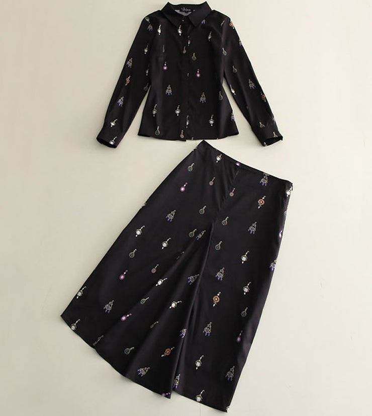 Hot Sale Victoria Beckham Women Print Long Sleeve Shirt And Skirt Set