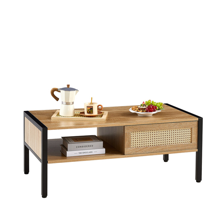 40.16" Rattan Coffee table, sliding door for storage, metal legs,