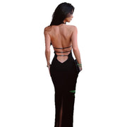 Cross-border Style Summer New Women's Fashion Halter Sexy Backless Slit Fitted Pencil Dress
