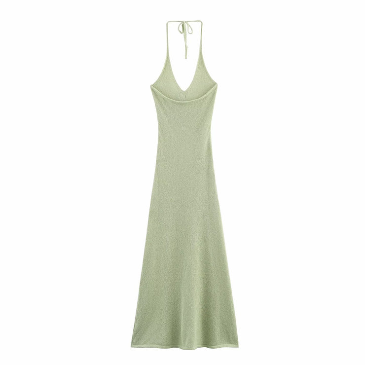 Women's V-neck Backless Long Dress Sexy High Slit Knitted Strapless Dress